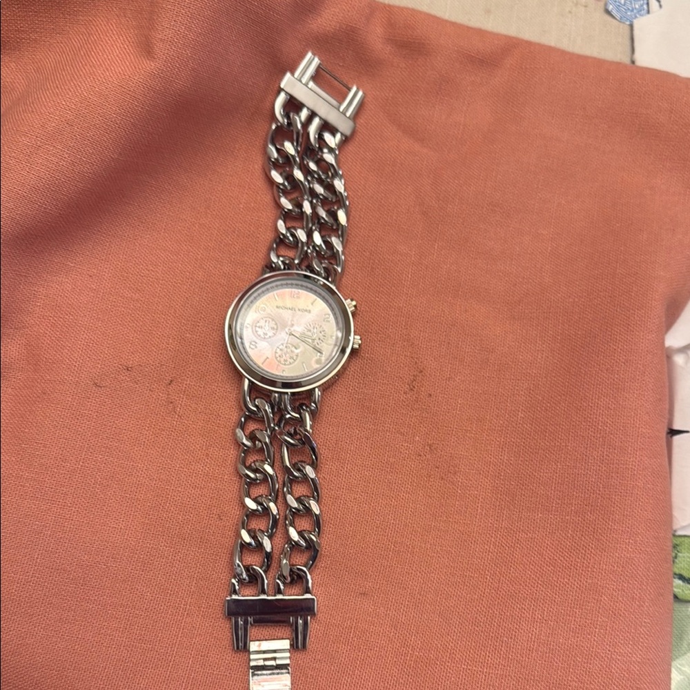 Michael Kors Silver Chain-Link Watch with Woven Bracelet